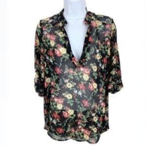 Black Floral Blouse with Adjustable Sleeves